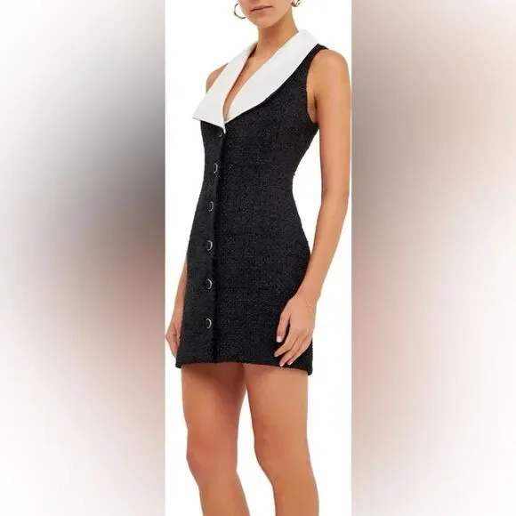 NWT Endless Rose Contrast Collar Tweed Mini Dress size xs women's with pockets!